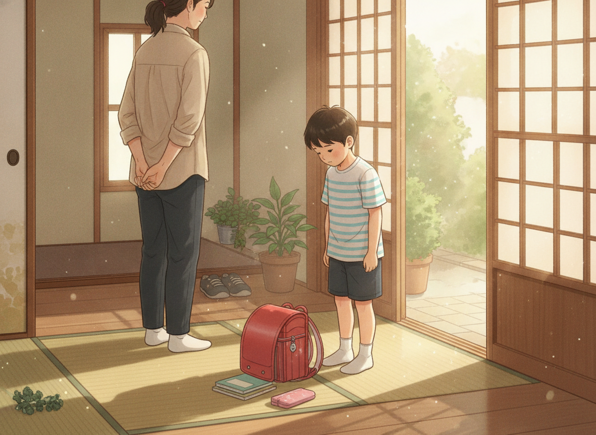 夏休み明けの朝、玄関で立ち止まる子どもと見守る保護者