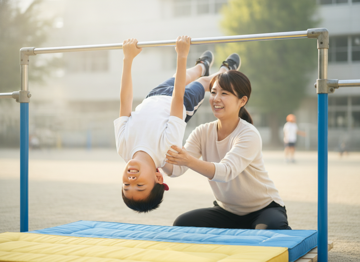 大人が補助しながら小学生が鉄棒の逆上がりを練習している様子