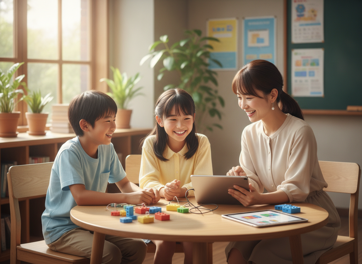少人数のプログラミング教室で講師と一緒に学ぶ小学生たち