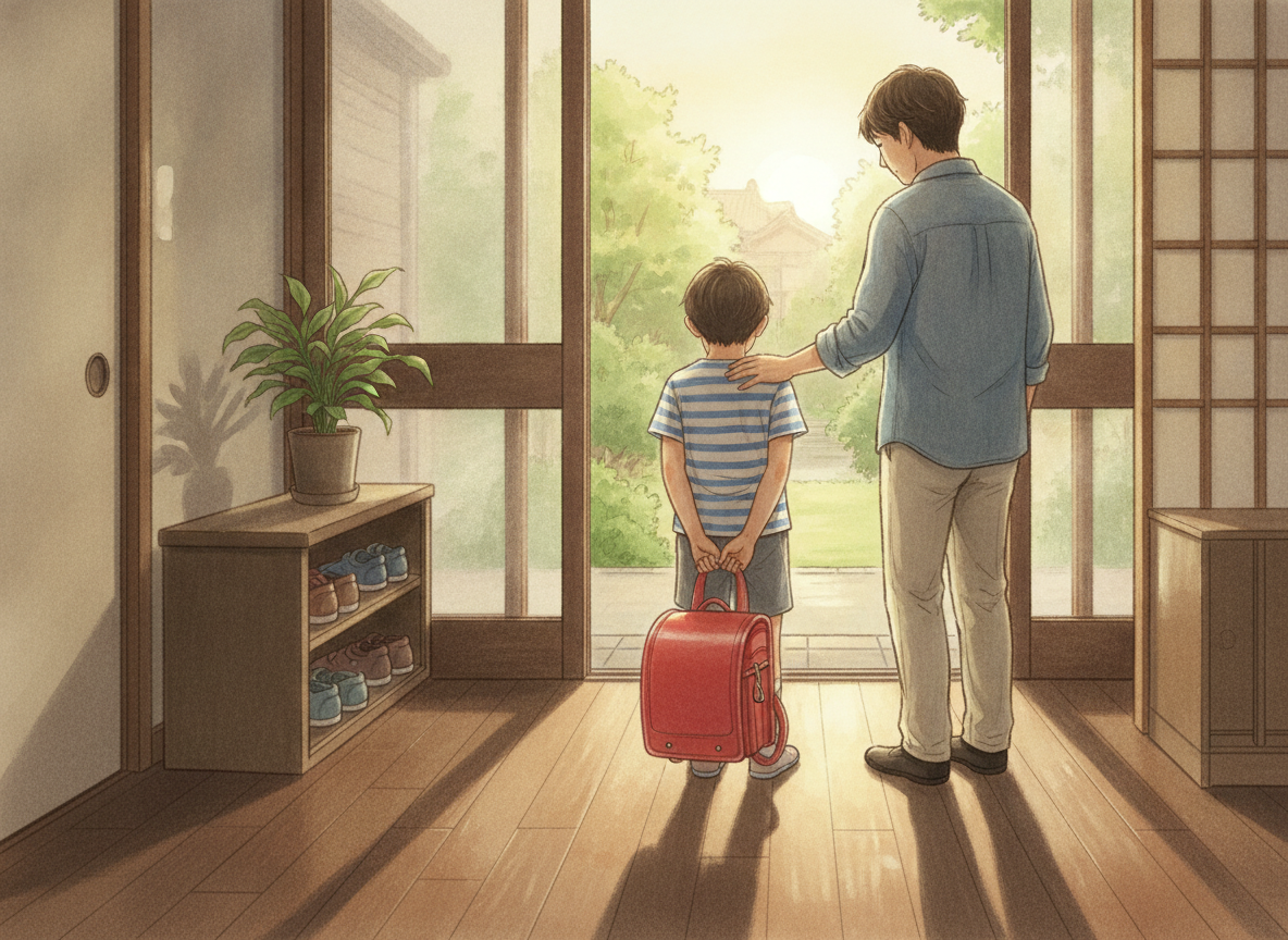 夏休み明けに登校をためらう子どもと寄り添う保護者のイラスト