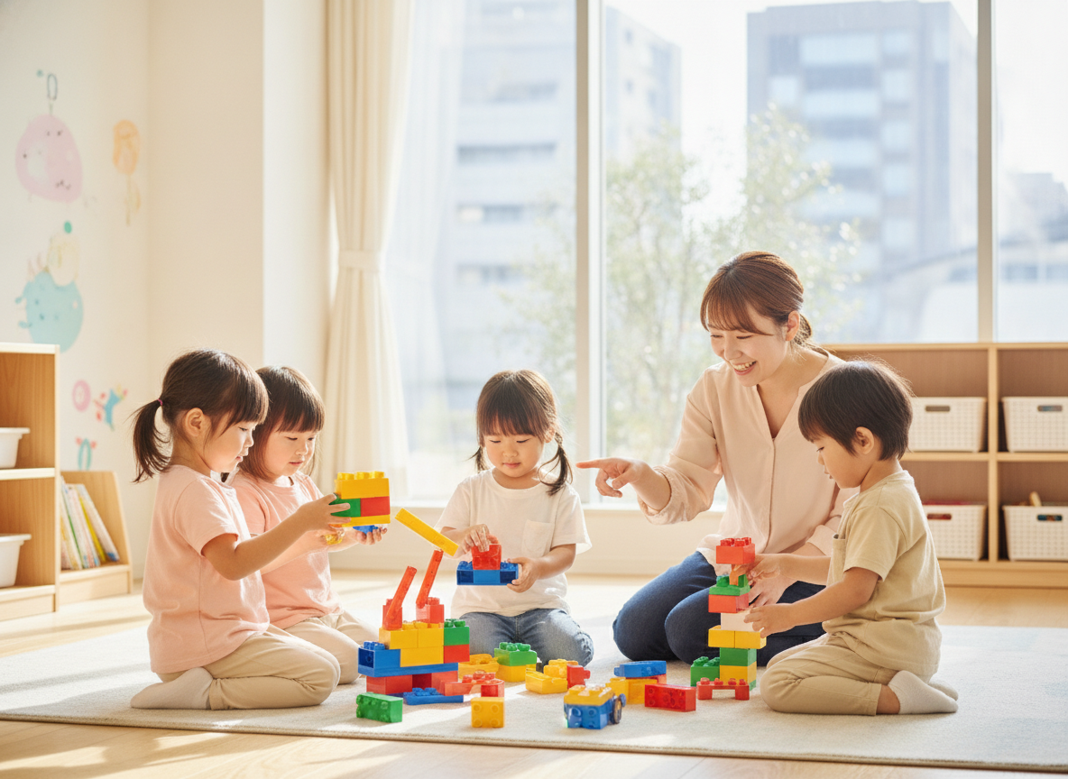 幼児がデュプロブロックで遊びながら学ぶ個別指導の様子