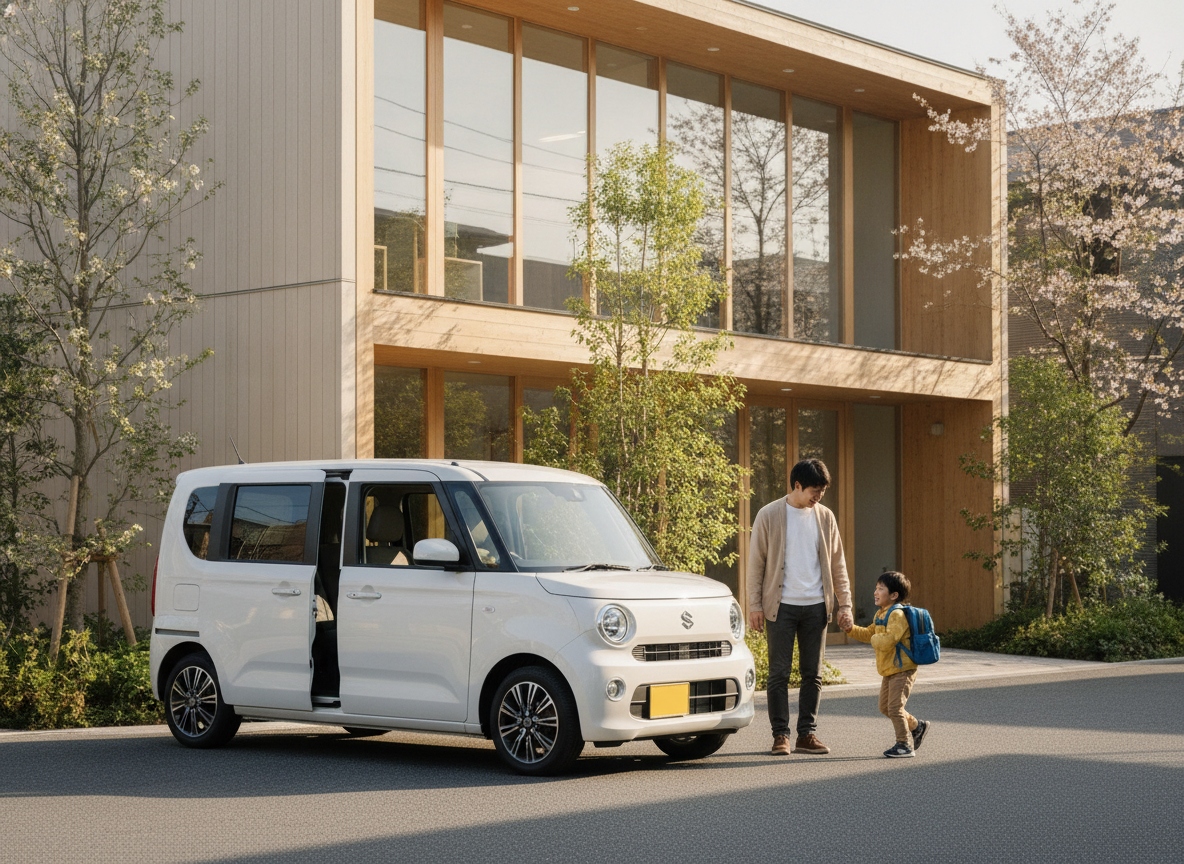 放課後等デイサービスの送迎車と子どもと保護者のイメージ