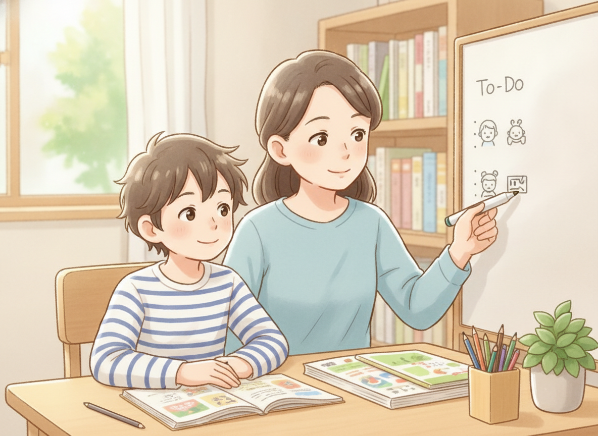 発達障害のある子どもが保護者と一緒に整理された学習スペースで勉強している様子
