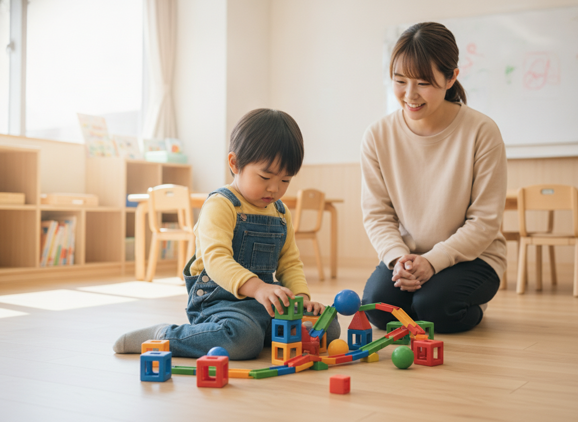プログラミングトイで遊ぶ幼児と見守る講師