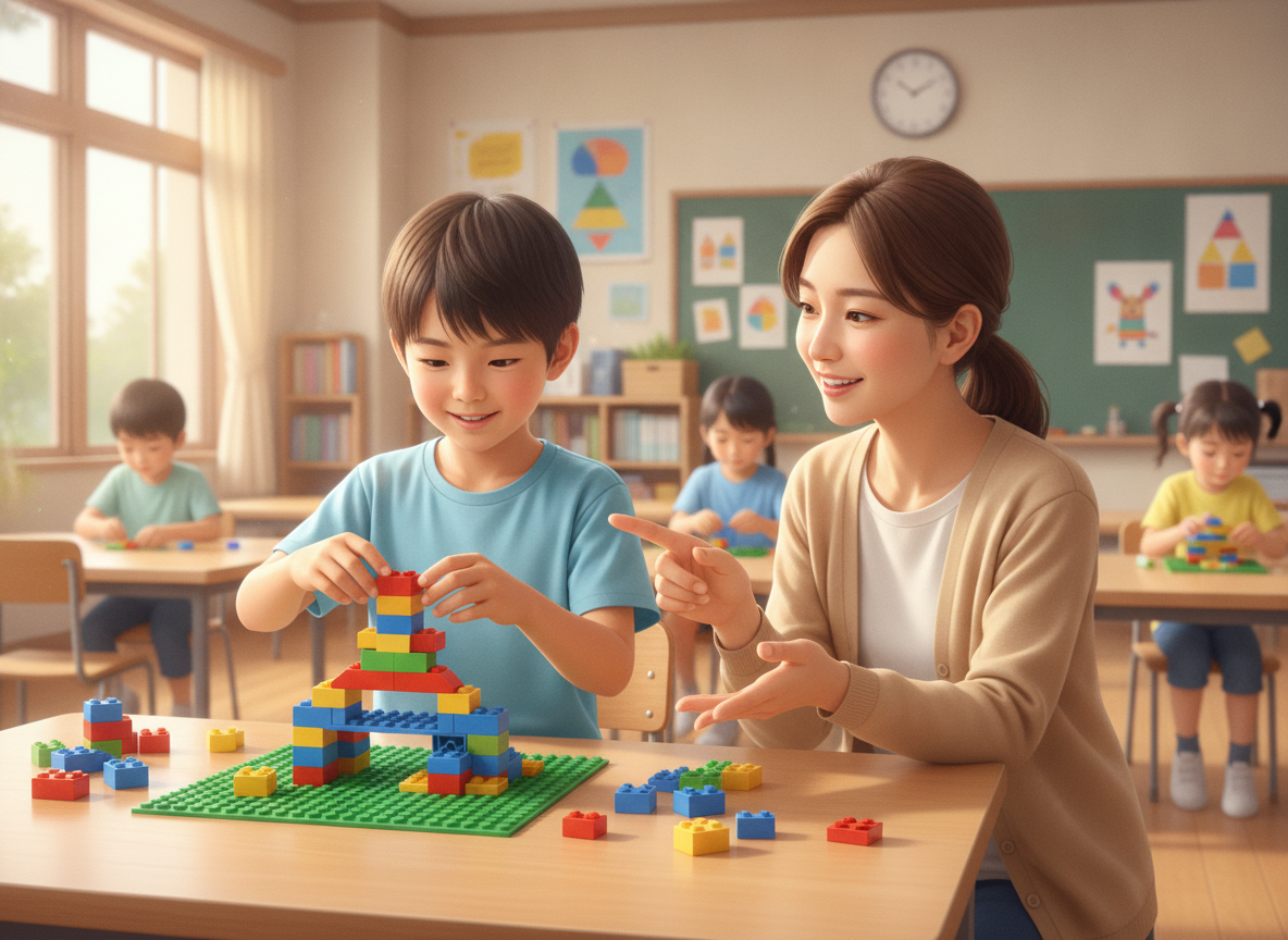 小学生がレゴブロックを使って学ぶ習い事の教室風景