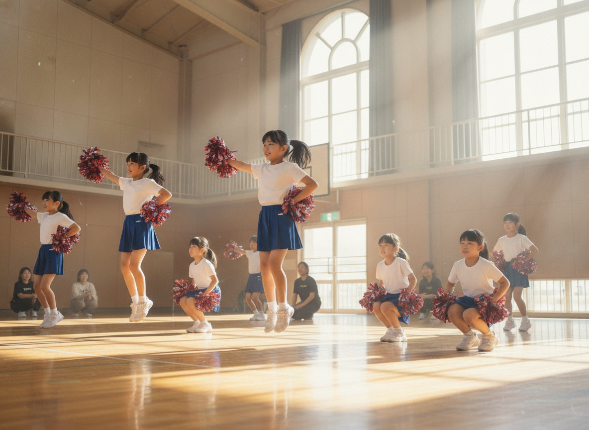 小学生がチアダンスの練習をしている様子