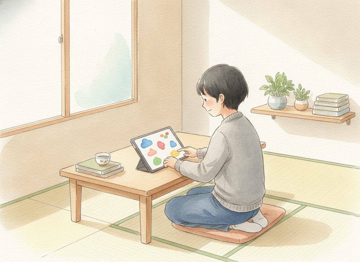 落ち着いた環境でタブレット教材に取り組む子どものイラスト