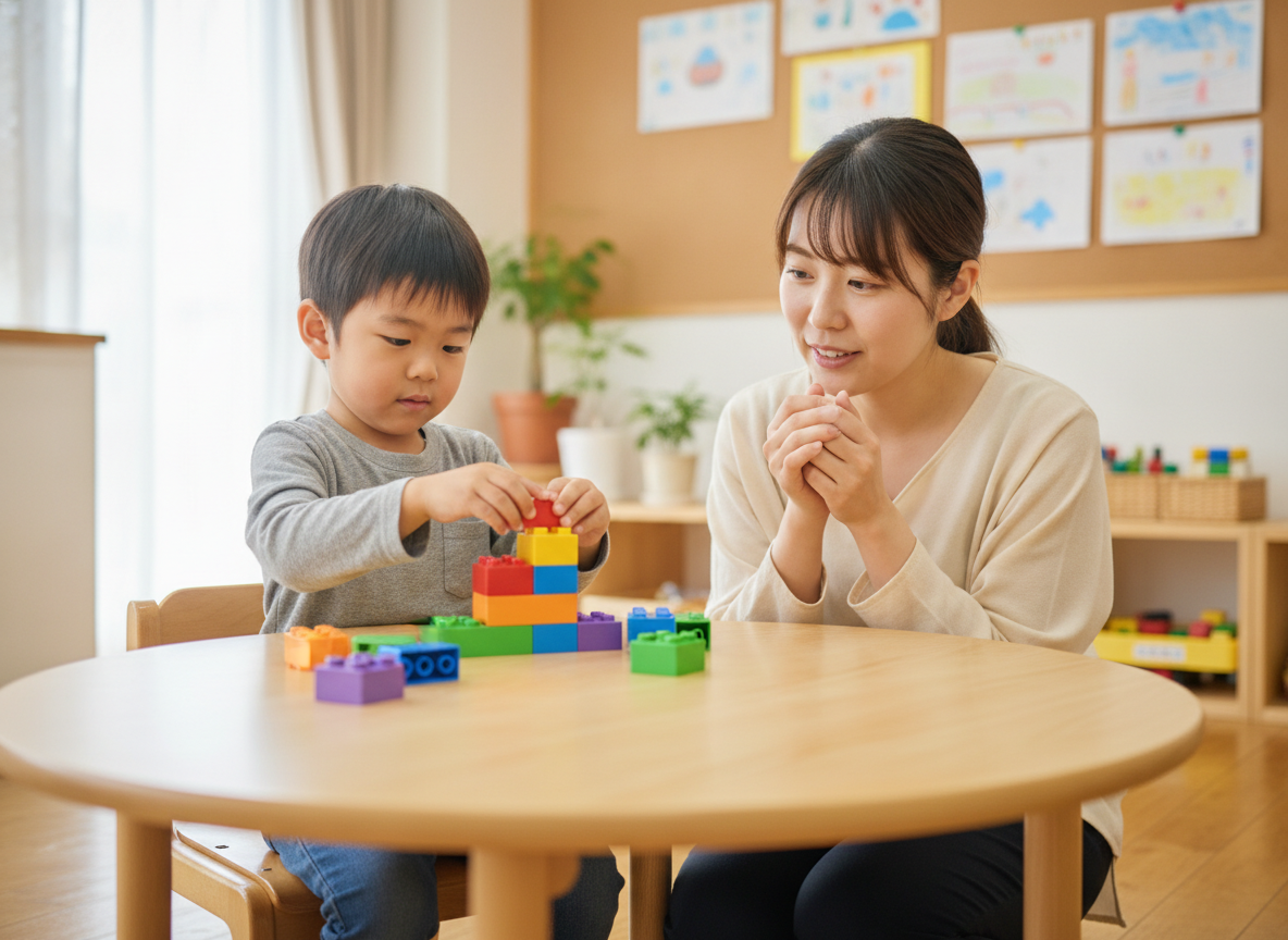 デュプロブロックで遊ぶ幼児と見守る講師
