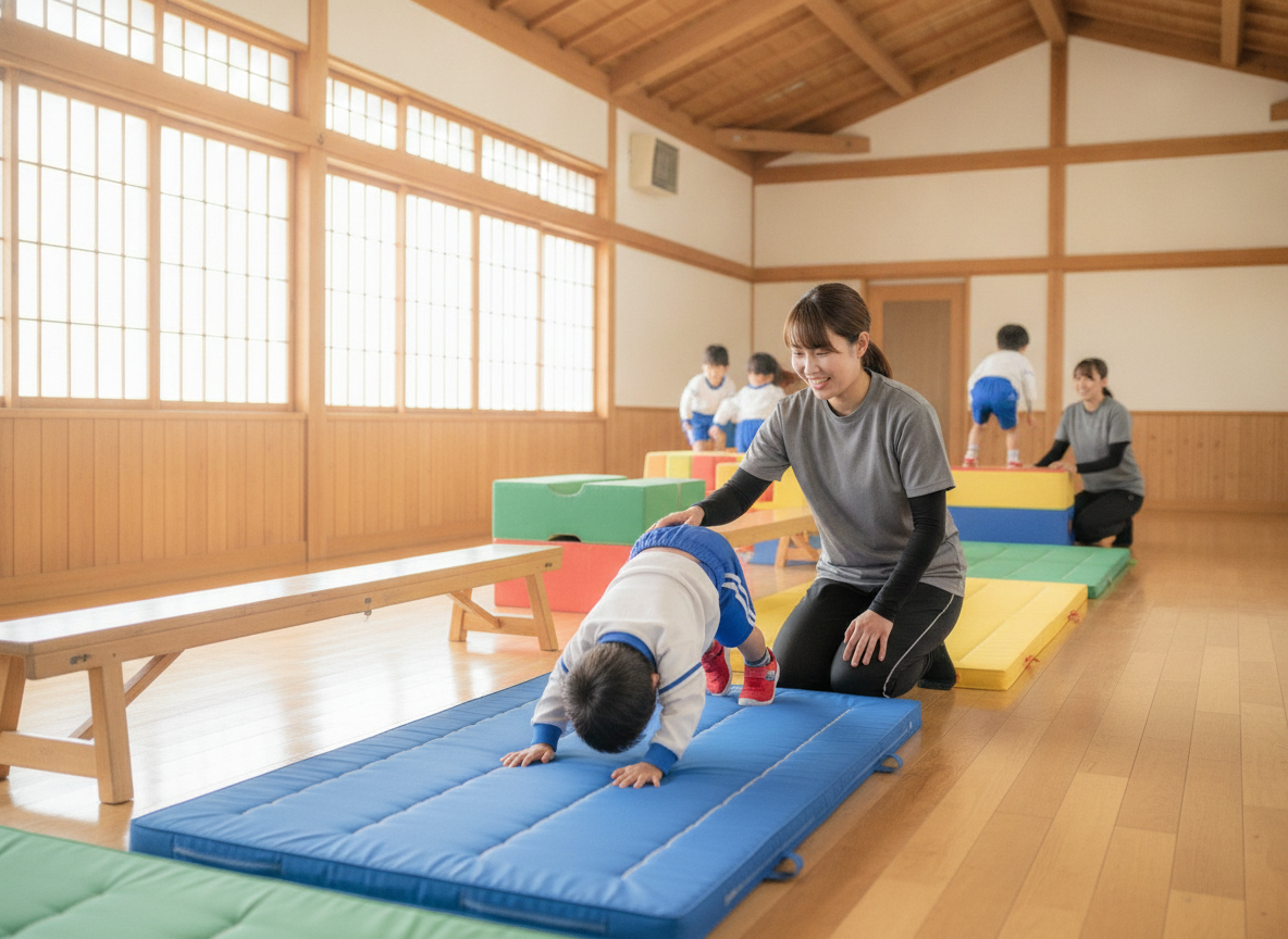 体操教室で前転を練習する子どもとコーチ
