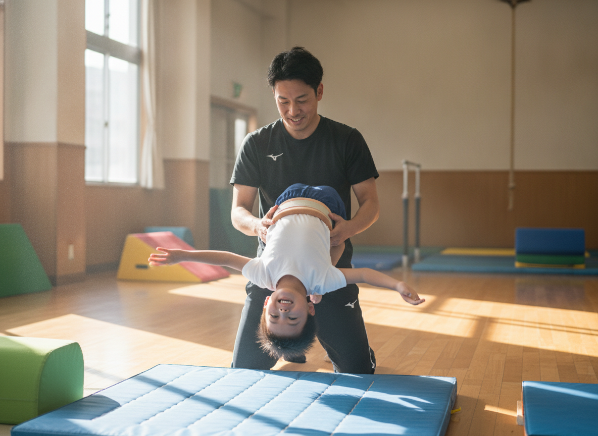 講師が補助具を使って子どものバク転練習をマンツーマンでサポートしている様子