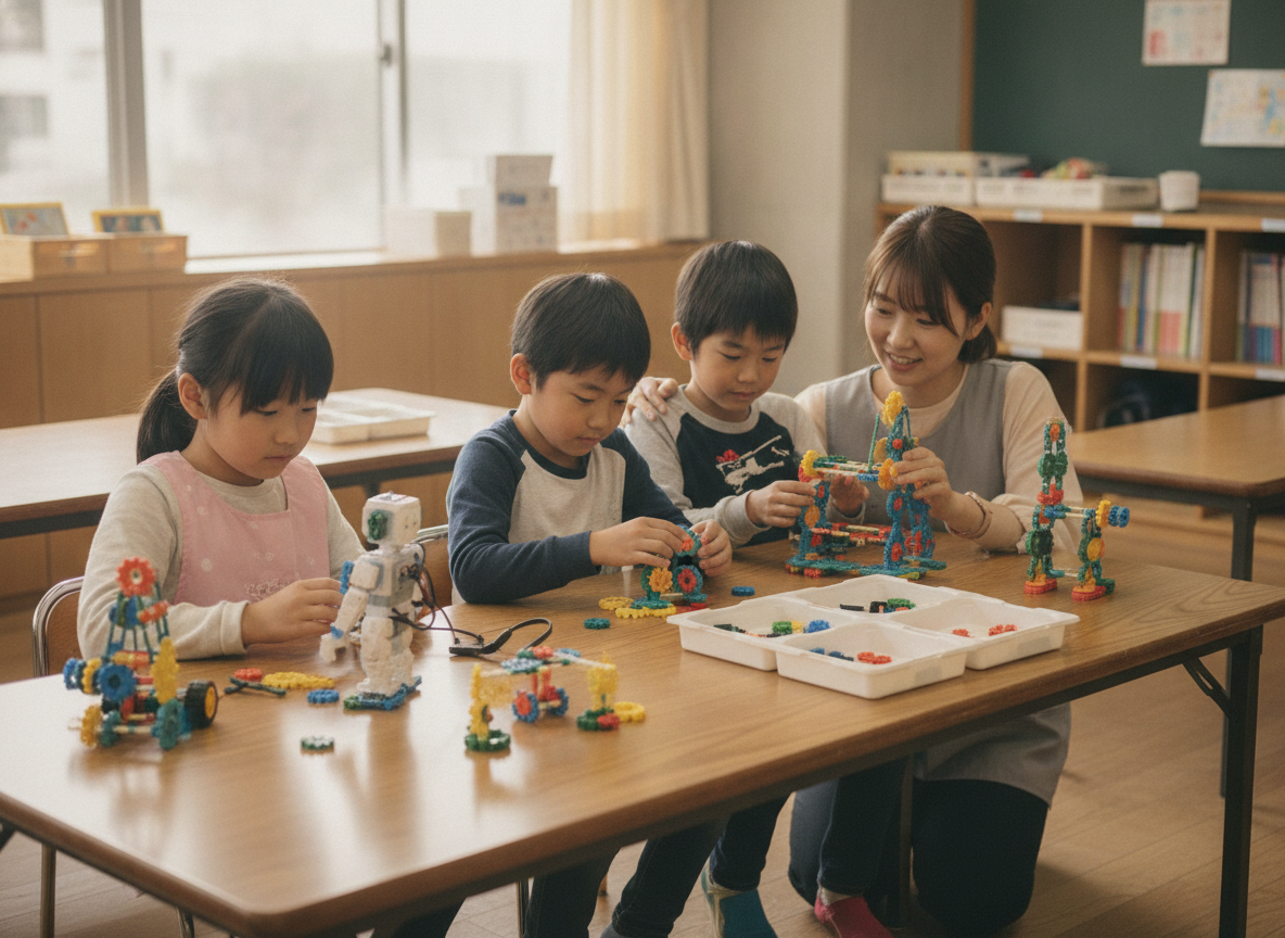 放課後等デイサービスでものづくり活動をする子どもたちとスタッフ