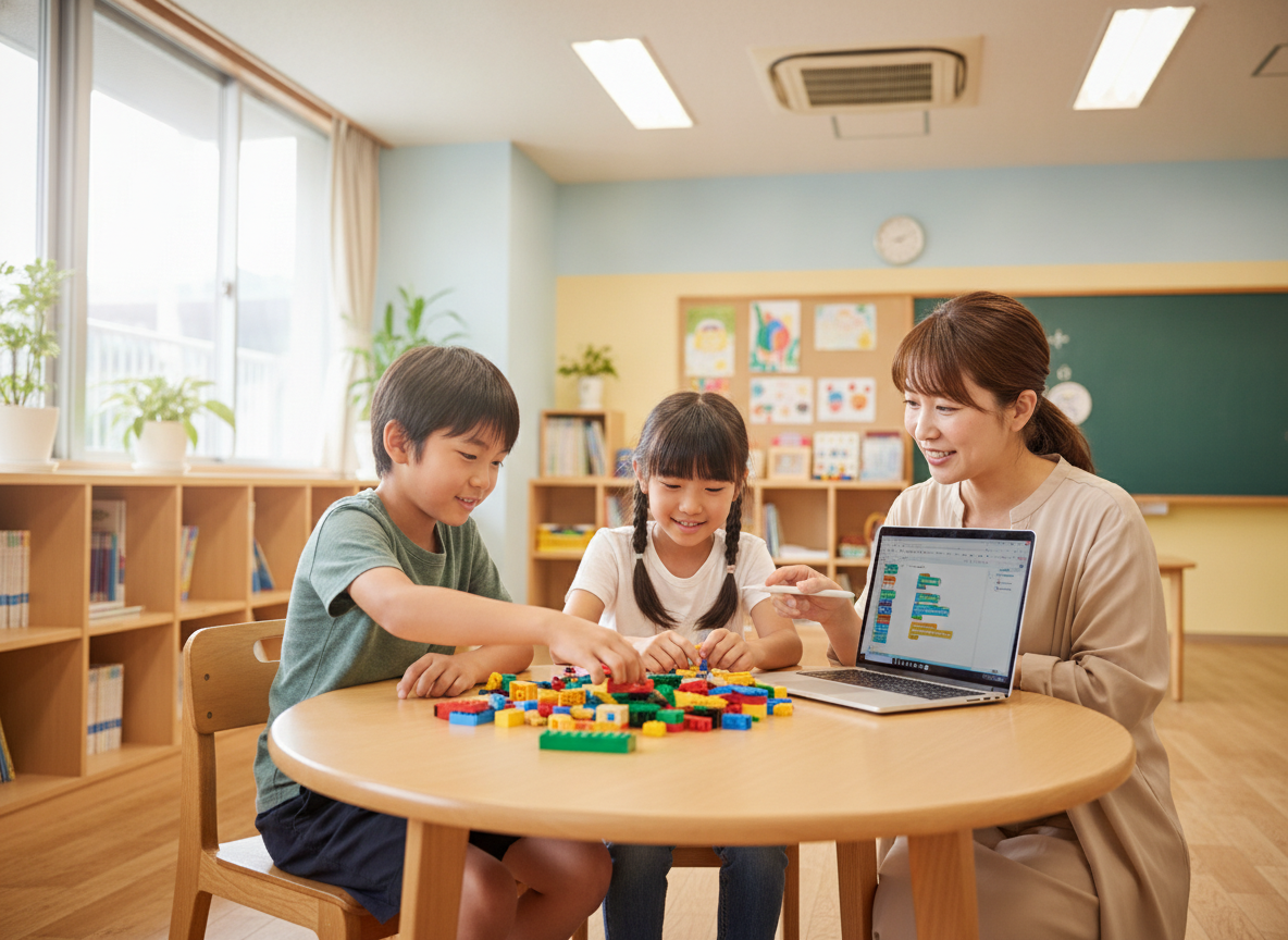 少人数でレゴとプログラミングに取り組む子どもたちと講師