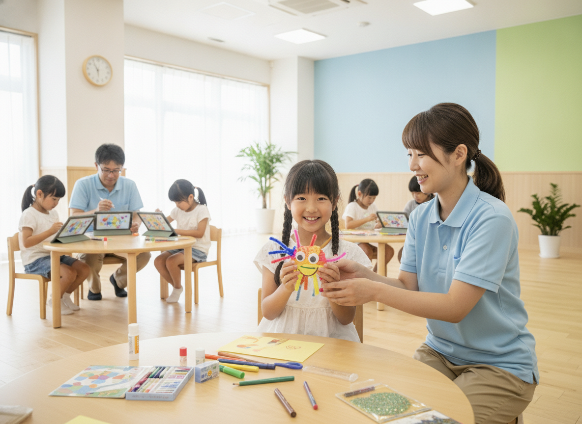 療育施設で子どもとスタッフがものづくり活動をしている様子