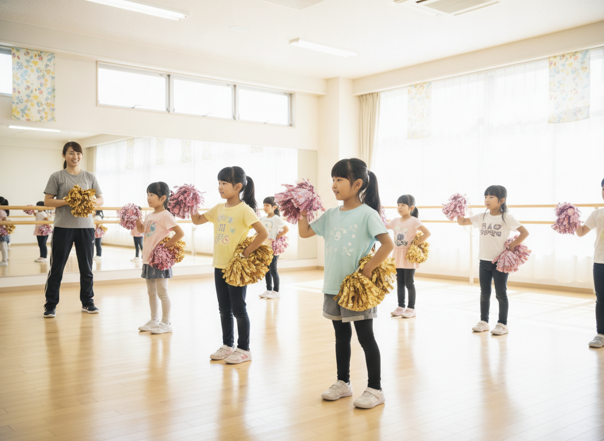 小学生がチアダンスの練習をしている様子
