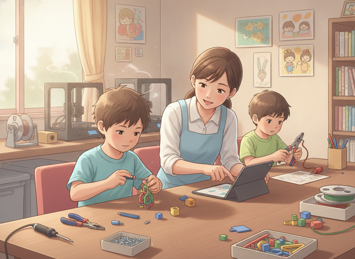 放課後等デイサービスでものづくりに取り組む子どもとスタッフ