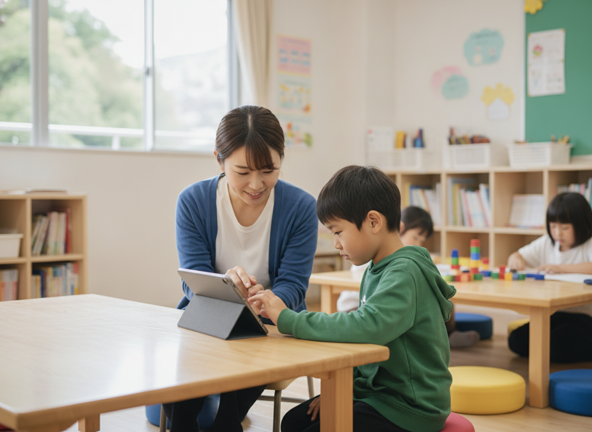 放課後等デイサービスでスタッフと一緒にタブレット学習に取り組む子ども