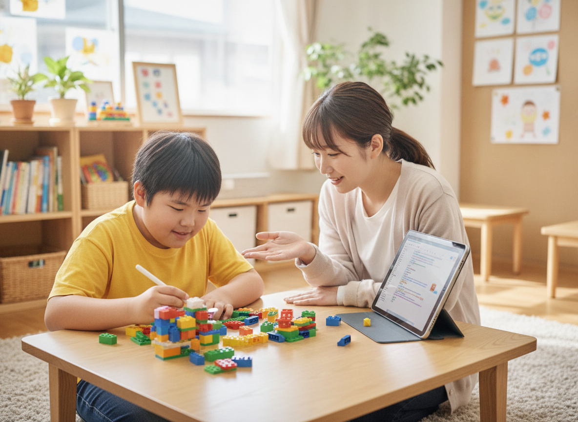 発達障害のある子どもがスタッフと一緒にプログラミング・ものづくり活動に取り組む様子