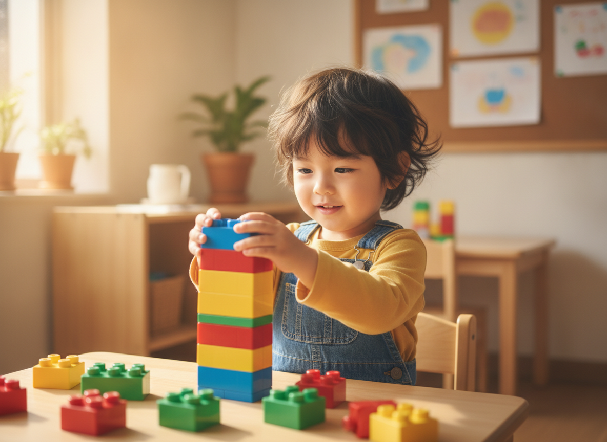 3歳の子どもがデュプロ（大きめブロック）で遊んでいる様子