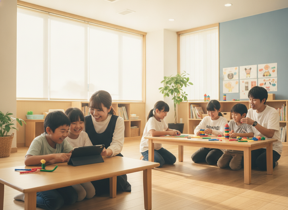 放課後等デイサービスでスタッフと一緒に活動する子どものイメージ