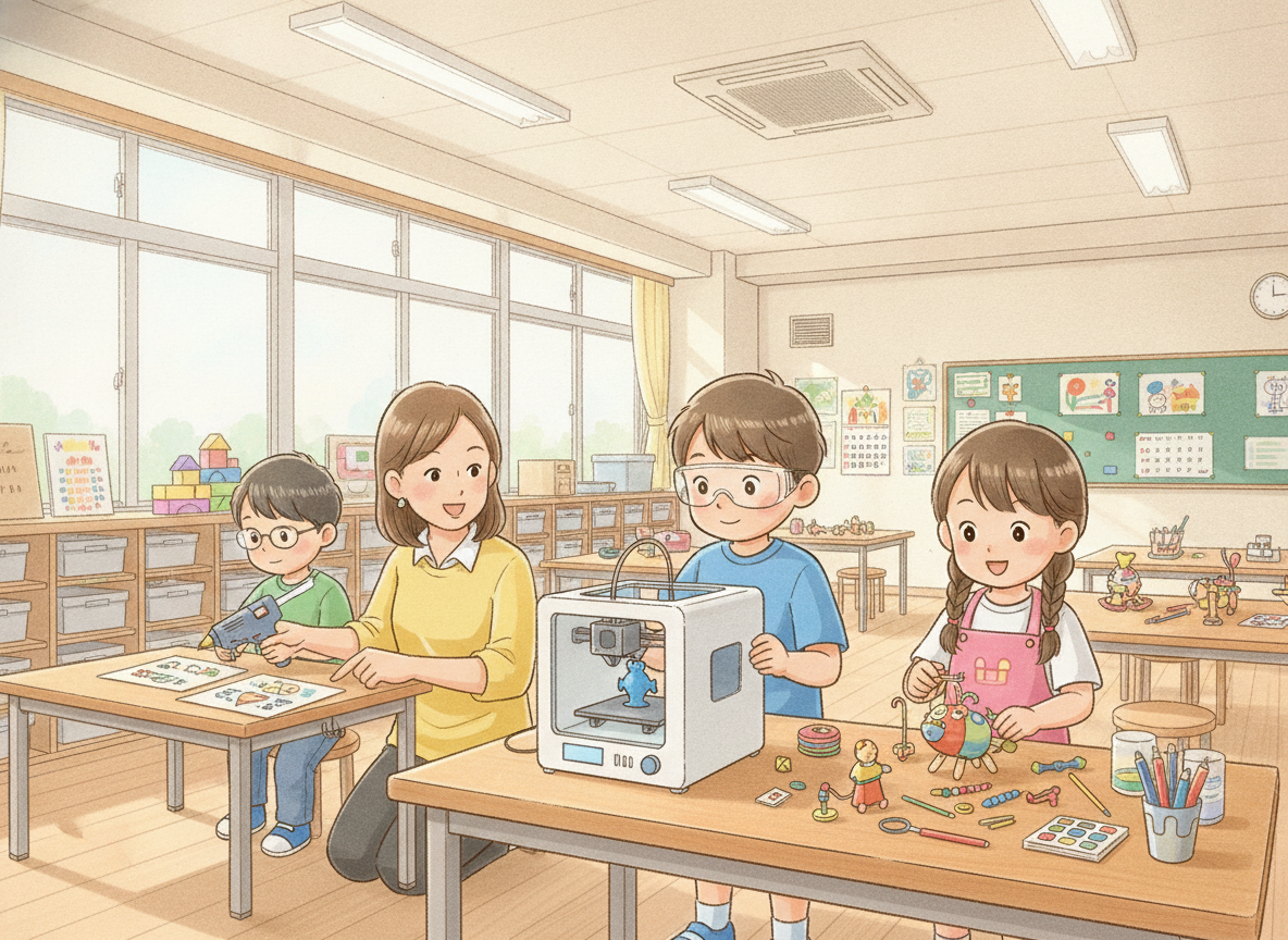 放課後等デイサービスでものづくり活動をする子どもとスタッフ
