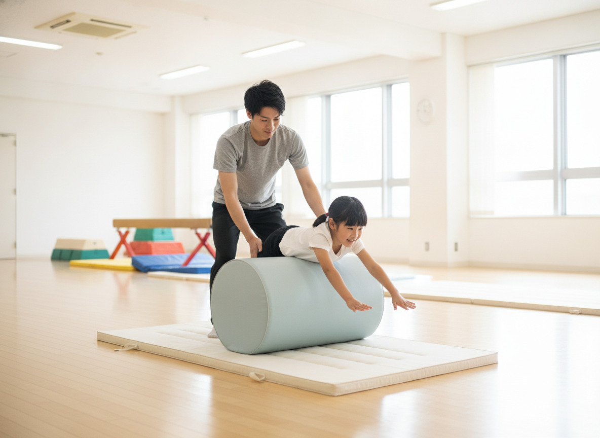 補助具を使ってバク転を練習する子どもと講師のマンツーマン指導の様子
