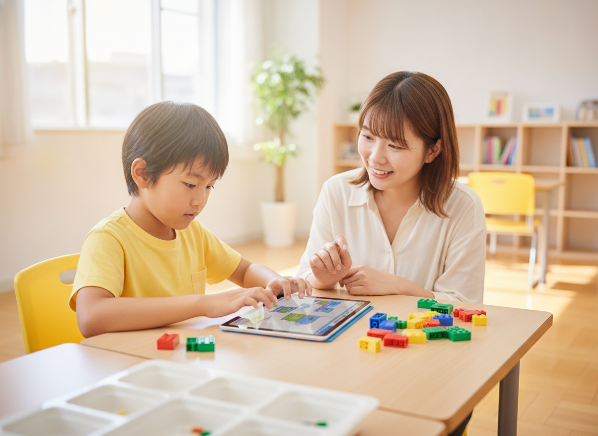 子どもがプログラミング教室でレゴとタブレットを使って学習している様子