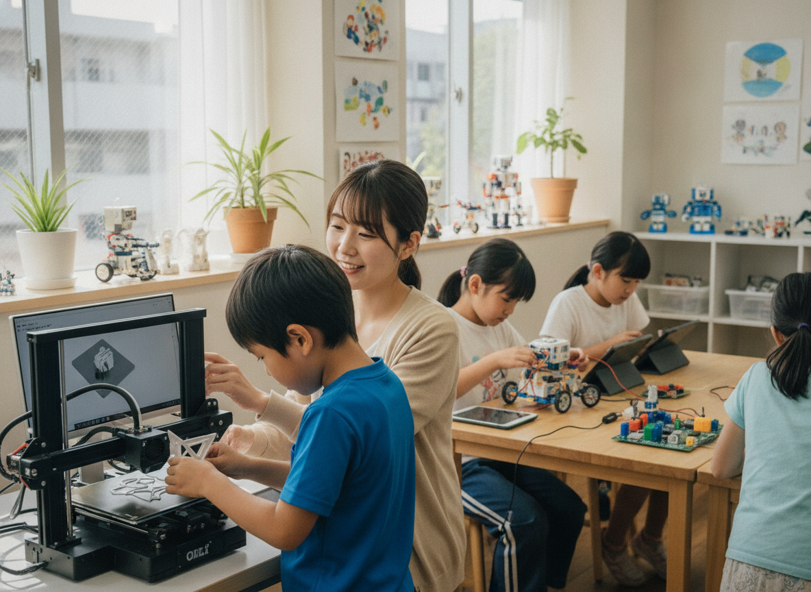放課後等デイサービスでものづくり療育に取り組む子どもとスタッフ