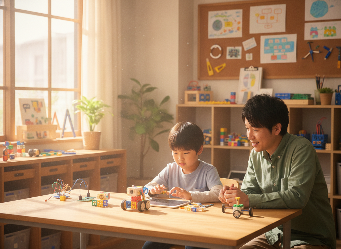 放課後等デイサービスでものづくり活動に取り組む子どもとスタッフ