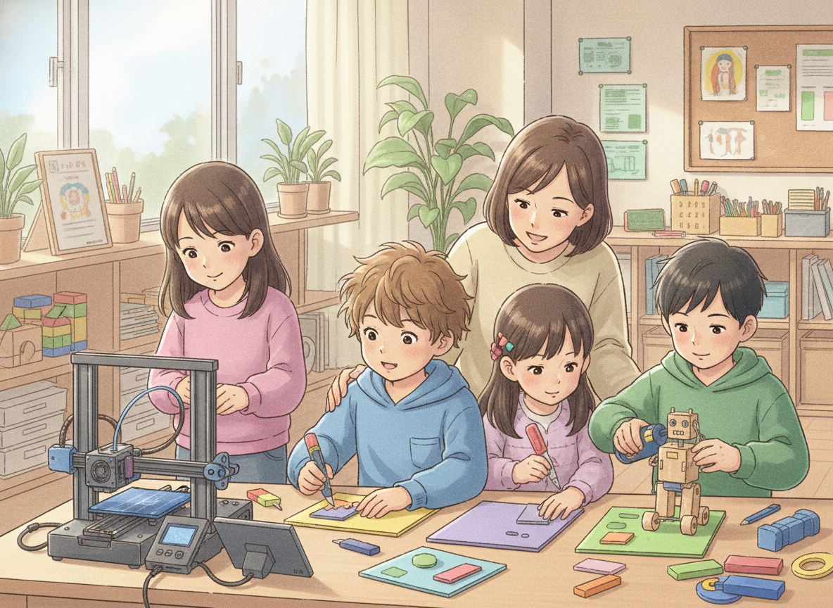 放課後等デイサービスでものづくり体験をする子どもとスタッフ