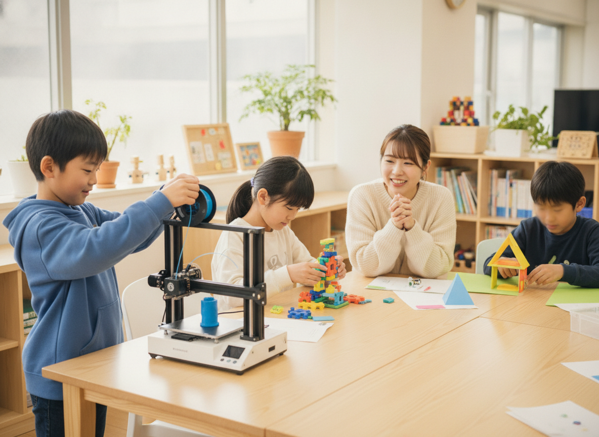 放課後等デイサービスでものづくりに取り組む子どもとスタッフ