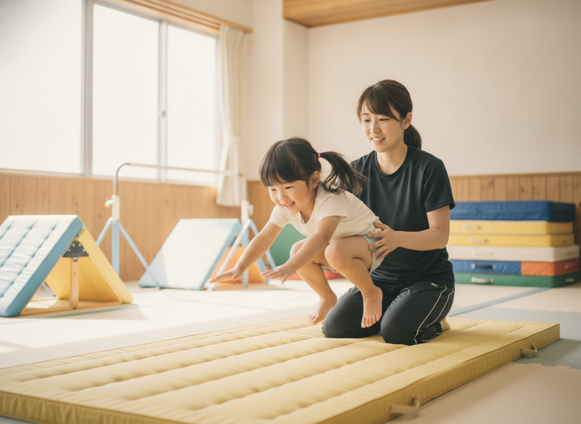 マンツーマンで体操・アクロバットを練習する子どもと指導者
