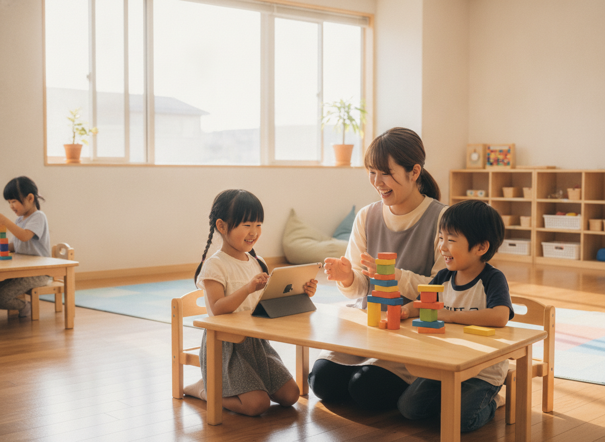 療育施設でスタッフと一緒に活動する子どもの様子