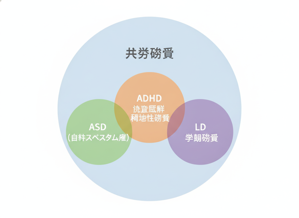 発達障害の中にASD・ADHD・LDが含まれることを示す概念図
