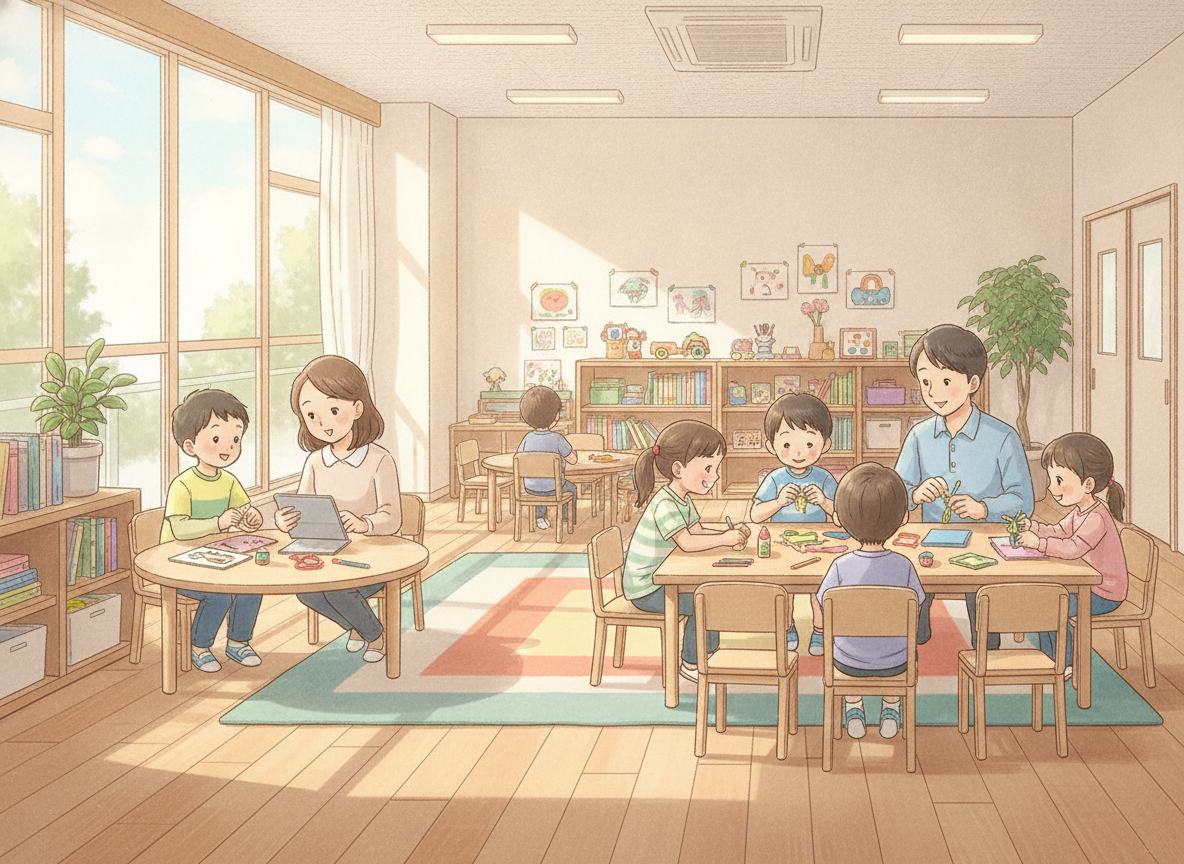 放課後等デイサービスで子どもがスタッフと一緒に活動している様子