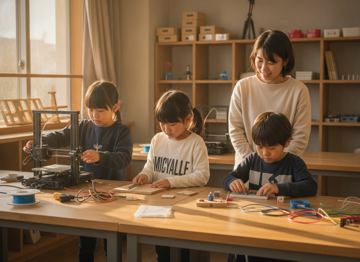 放課後等デイサービスでものづくりに取り組む子どもとスタッフ