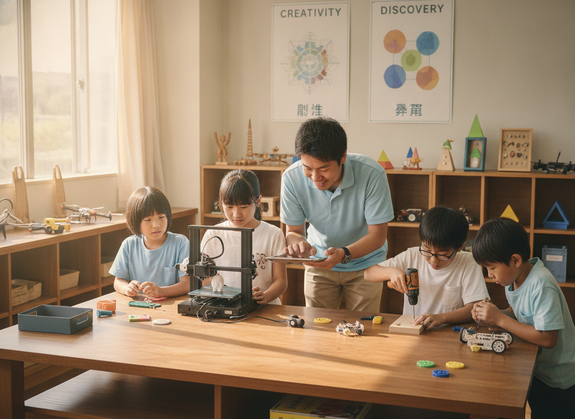 放課後等デイサービスでものづくりに取り組む子どもとスタッフ