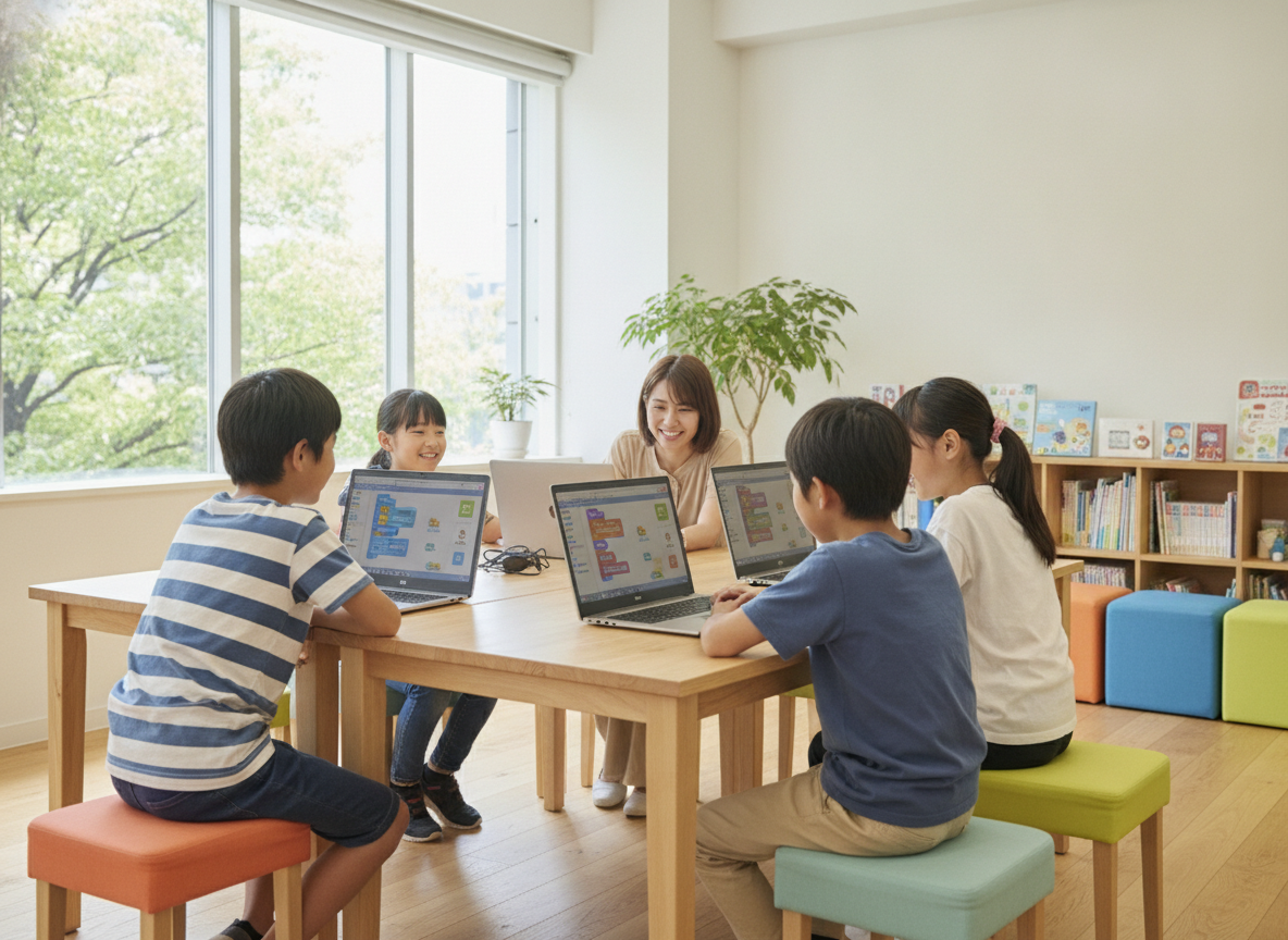 港区の少人数プログラミング教室で講師と一緒に学ぶ小学生