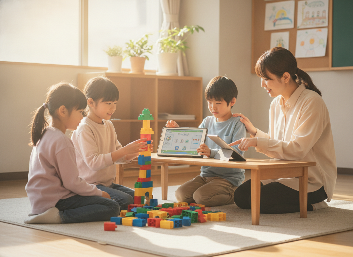 少人数体制のプログラミング教室で講師と一緒にブロックとタブレットを使って学ぶ子どもたち