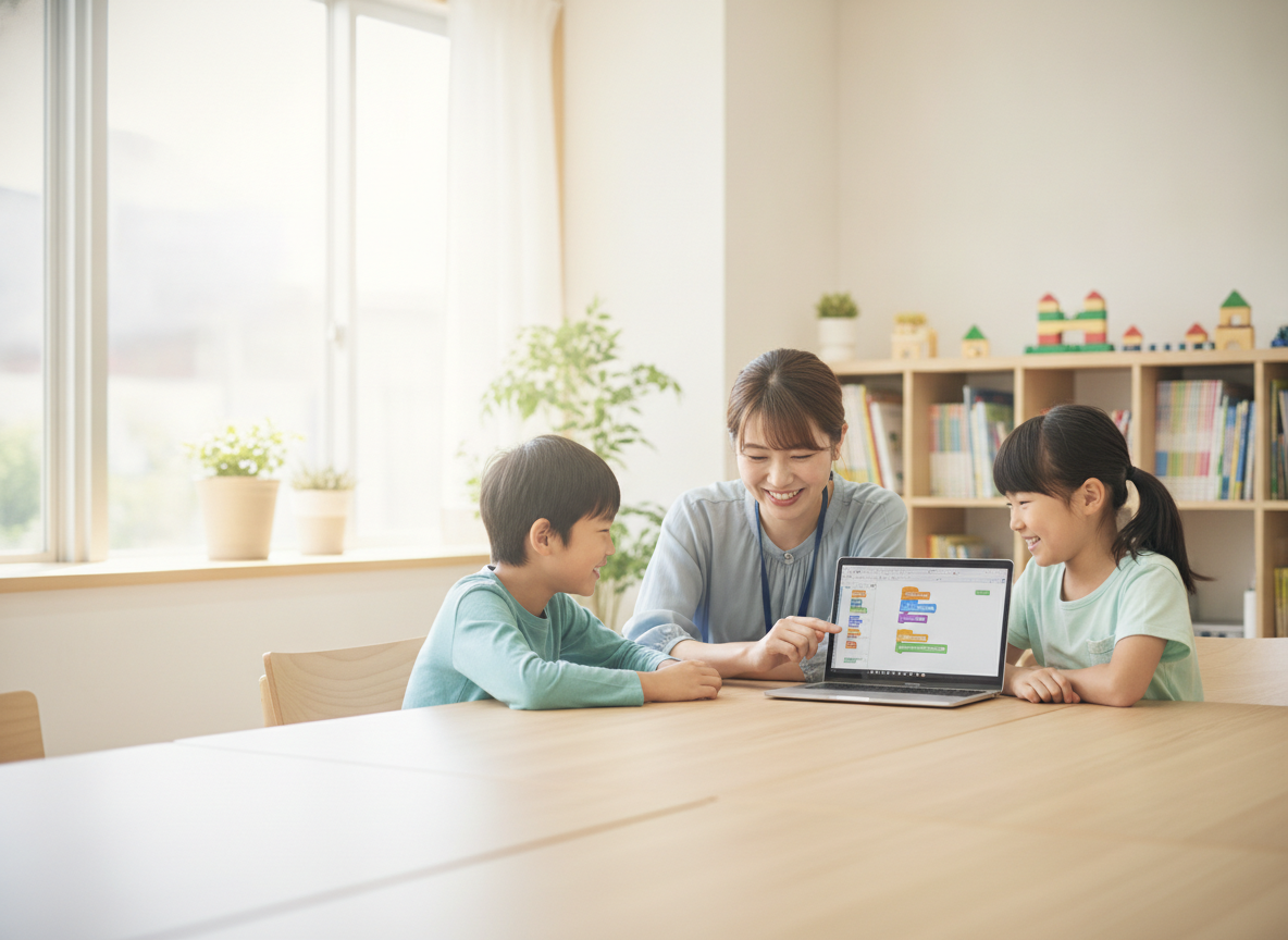 港区のプログラミング教室で少人数指導を受ける小学生