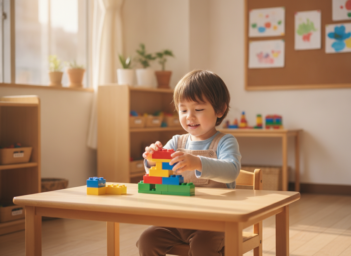 3〜4歳の幼児がデュプロブロックで遊んでいる様子