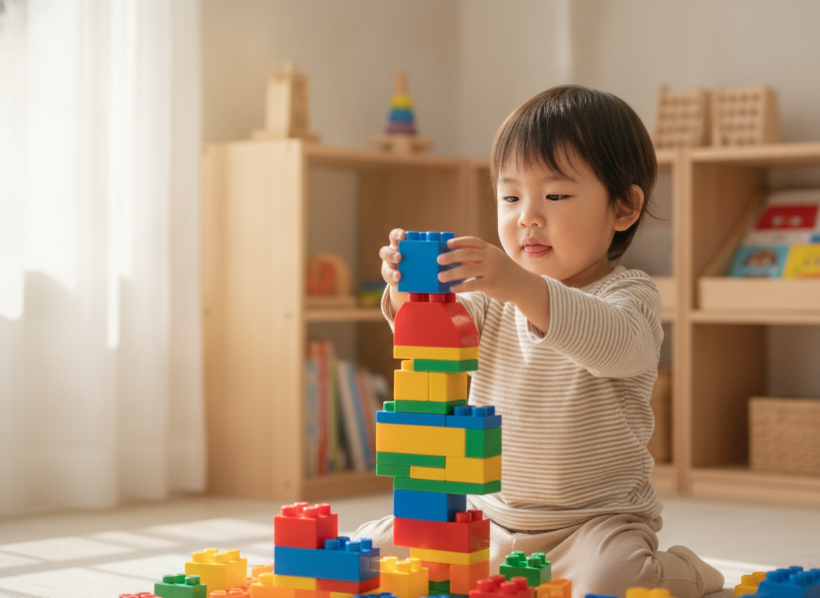 3歳の幼児が大きめブロックで構成遊びをしている様子