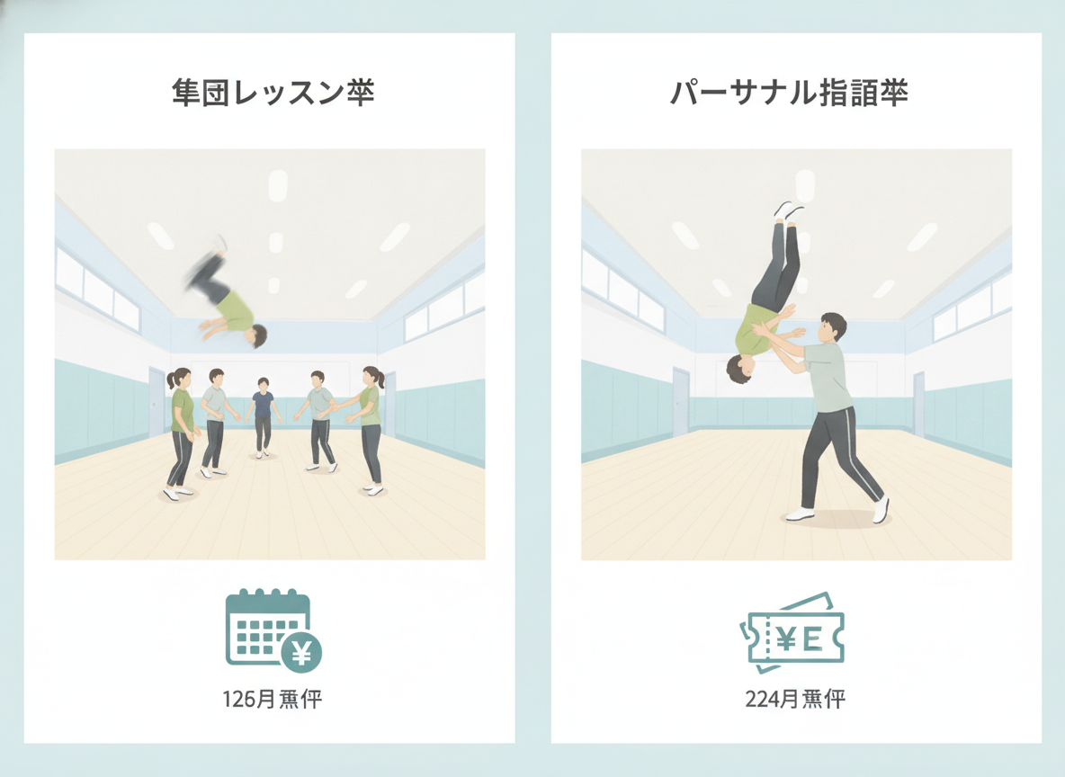 集団レッスン型とパーソナル指導型の費用構造の違いを示すイラスト