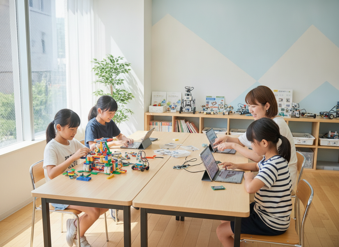 小学生がSTEM教室でレゴとプログラミングを学んでいる様子
