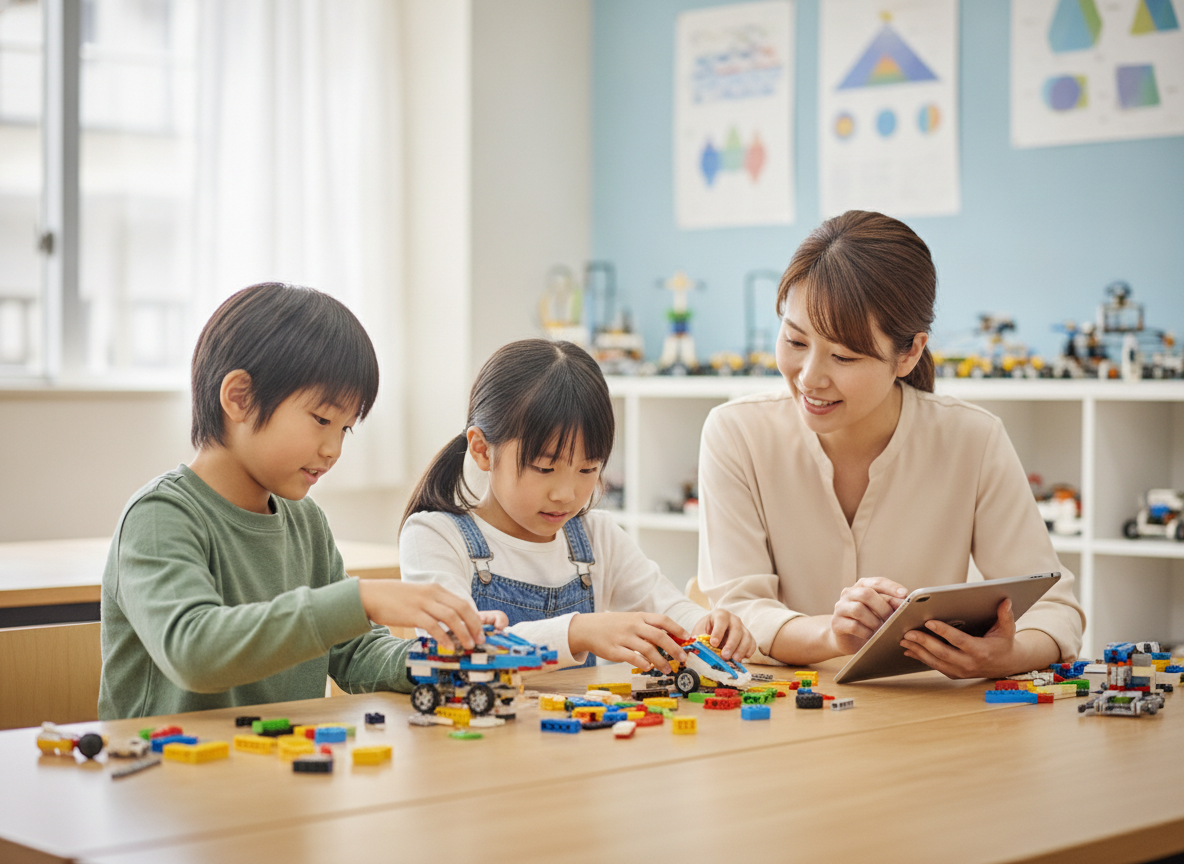 少人数の教室でレゴブロックを使って学ぶ子どもと講師