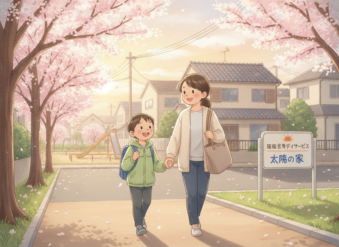 見沼区で放課後等デイサービスに向かう子どもと保護者のイラスト