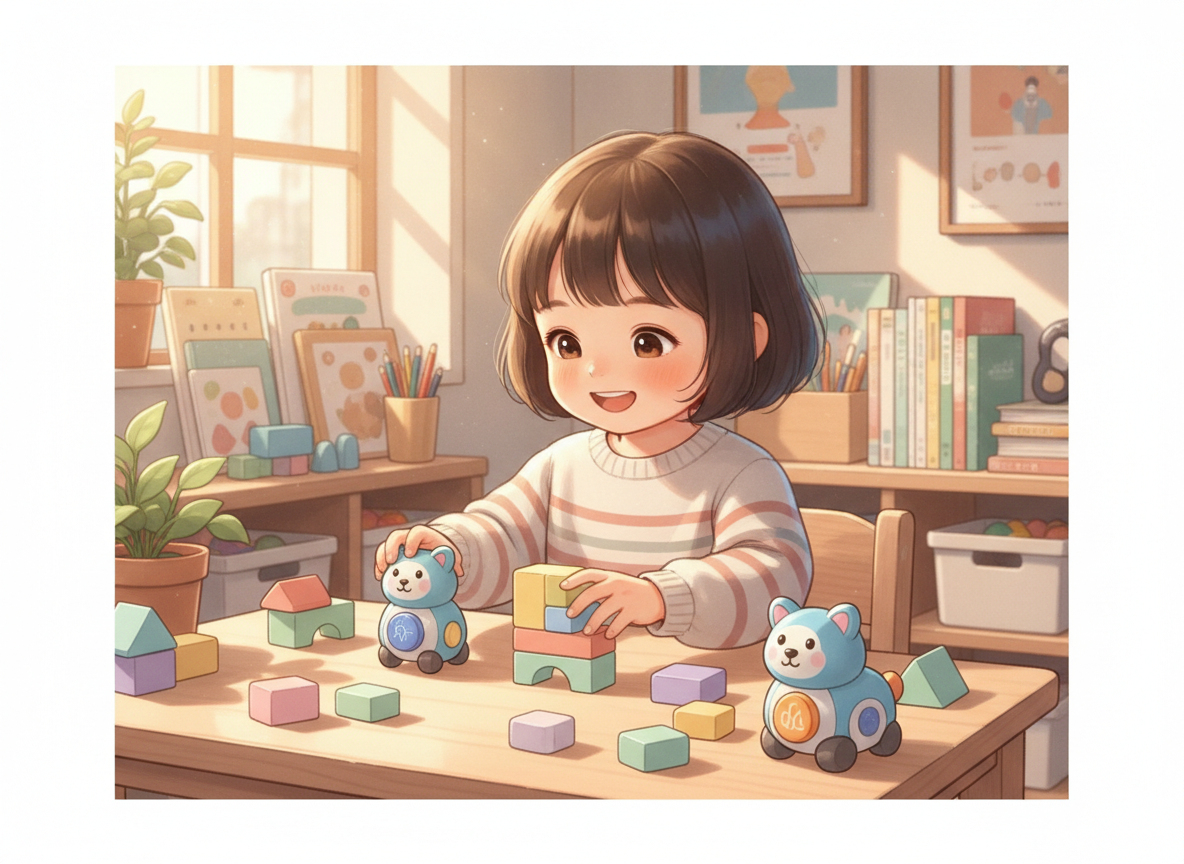 幼児がプログラミングトイやブロックで遊ぶ教室の様子