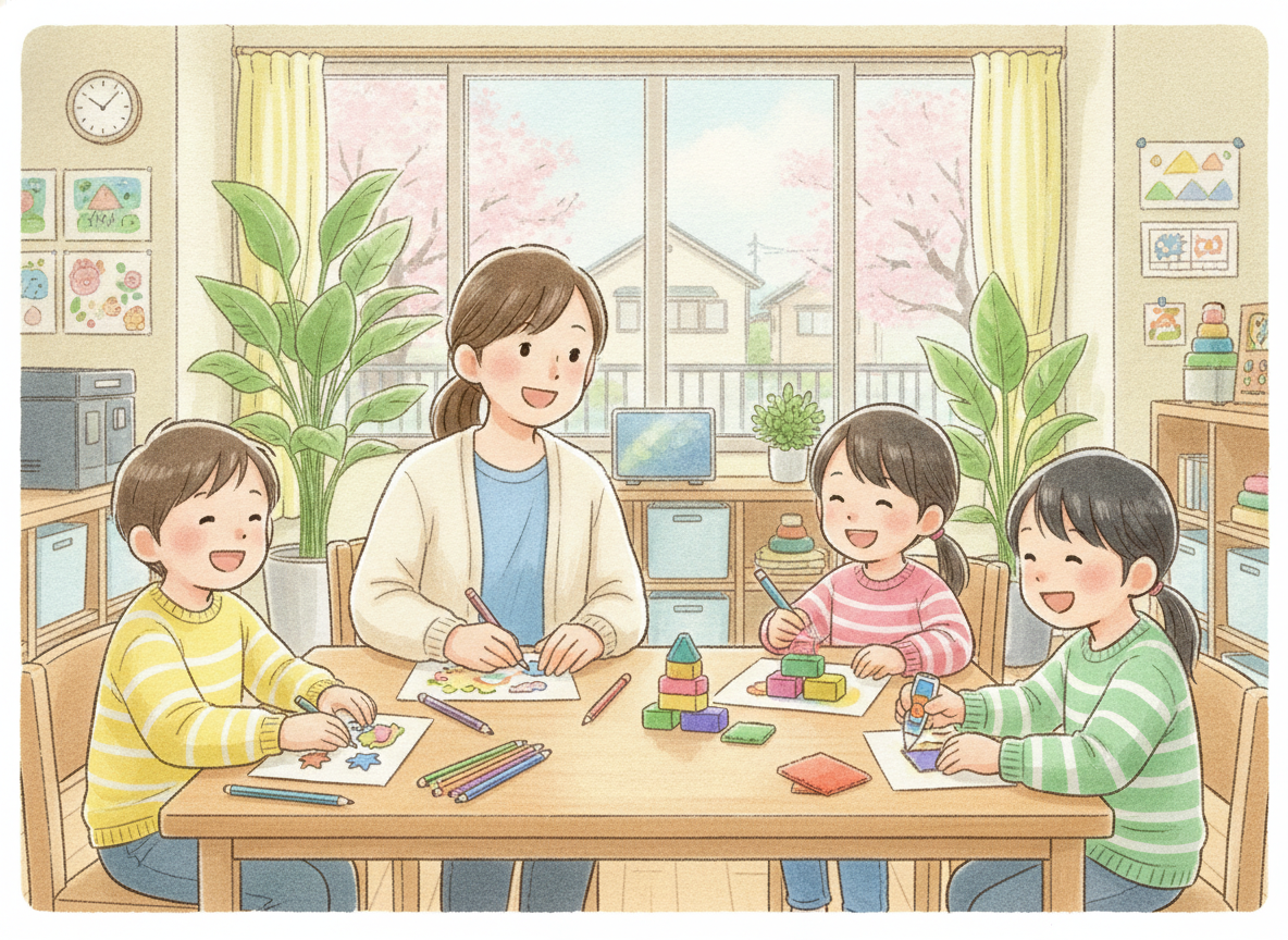 放課後等デイサービスでスタッフと活動する子どもの様子