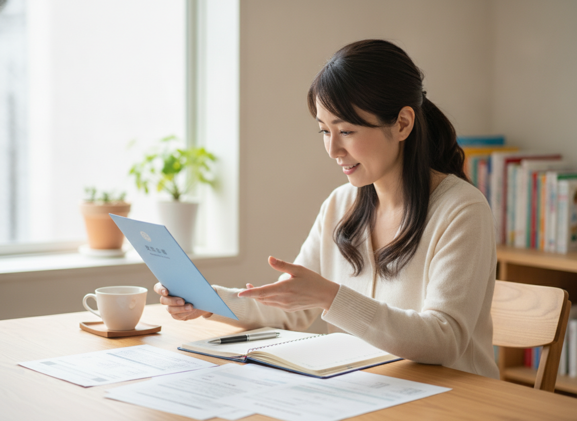 受給者証と書類を確認する保護者のイメージ