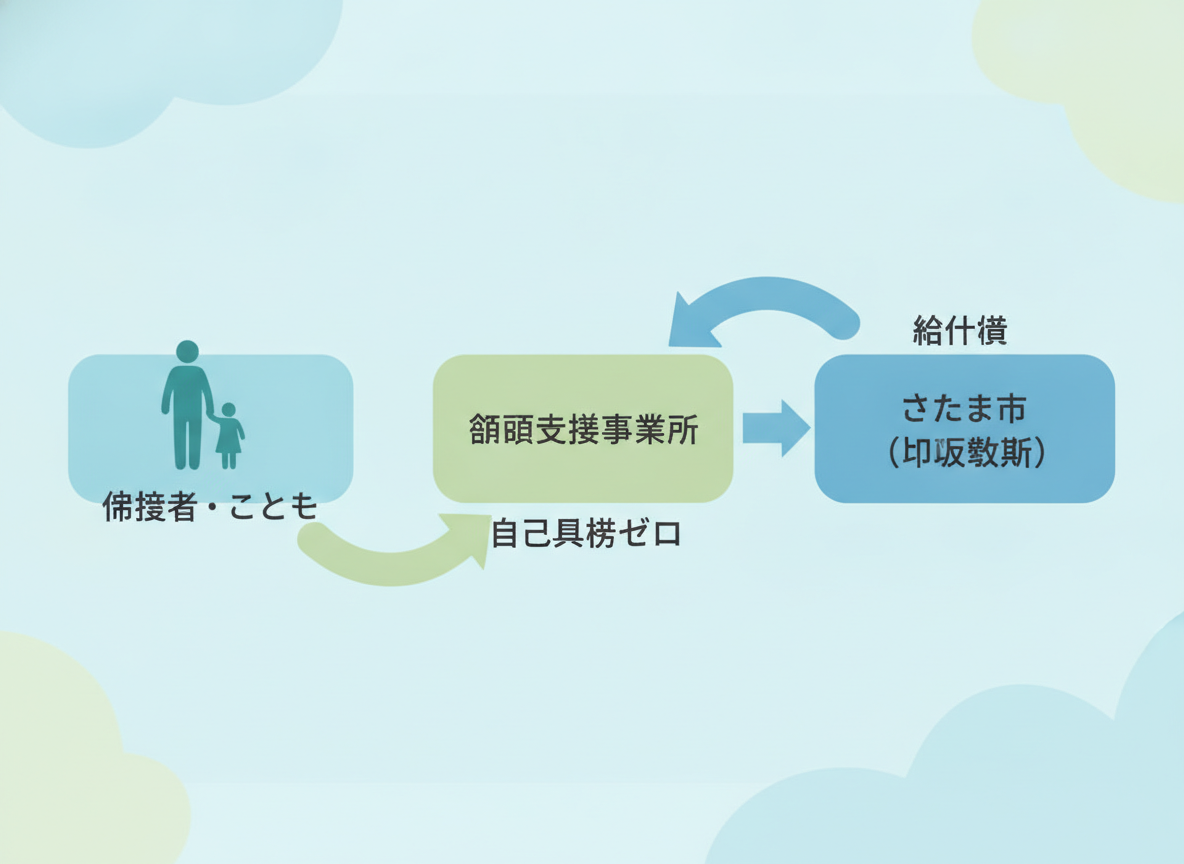 相談支援事業所の費用の流れを示す図解：市区町村が給付費を負担し、保護者の自己負担はゼロ