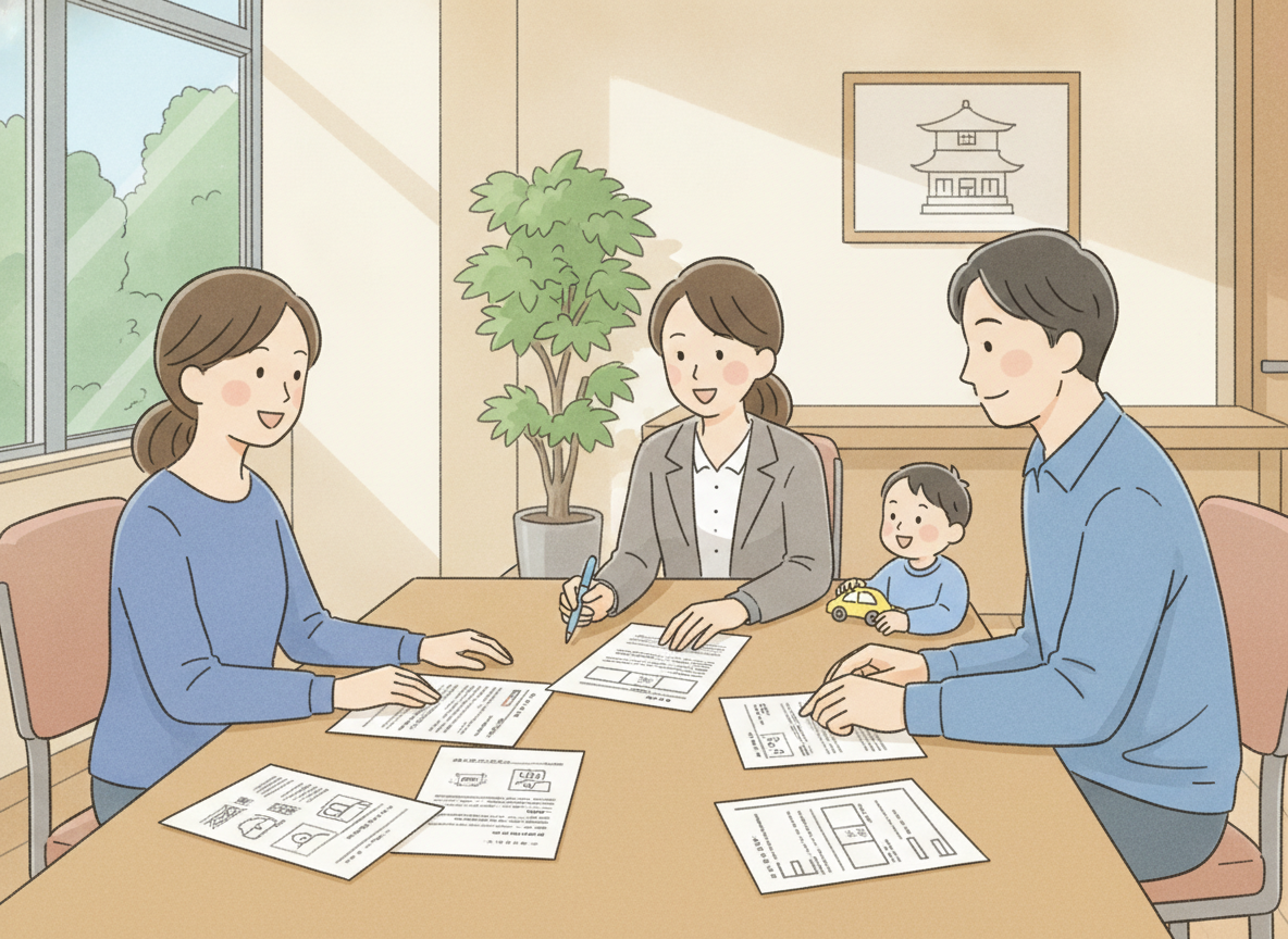 相談支援事業所の専門員と保護者が計画書を確認している様子